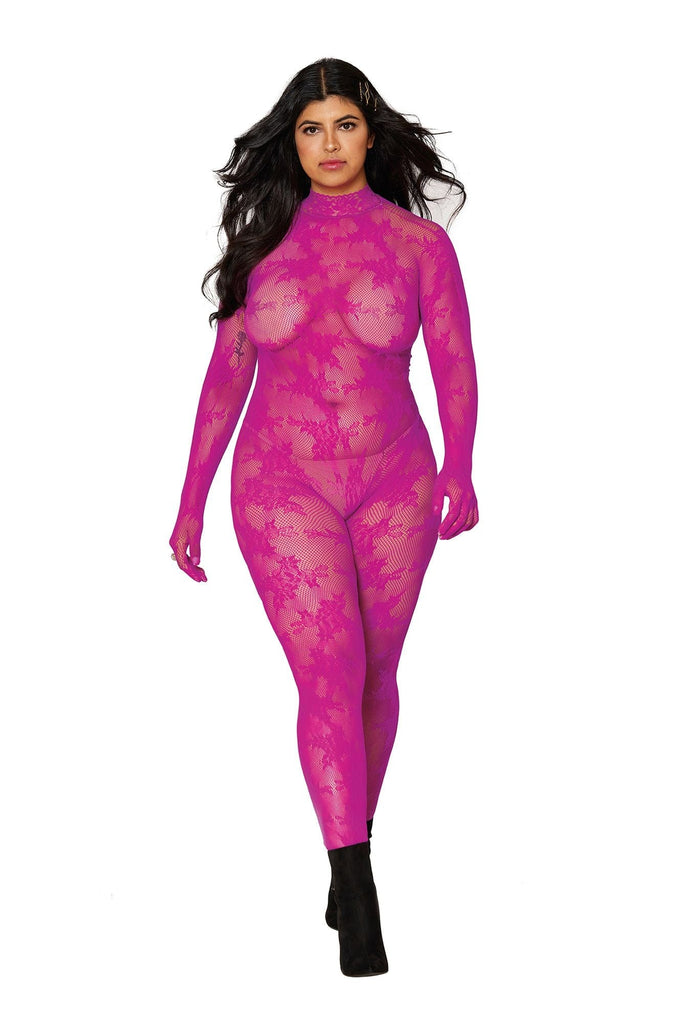 Hot Pink Lace Long Sleeve Bodystocking with Attached Gloves Musotica.com