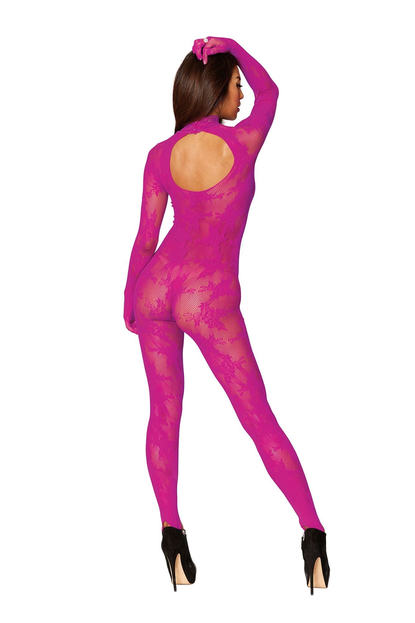 Hot Pink Lace Long Sleeve Bodystocking with Attached GlovesMusotica.com