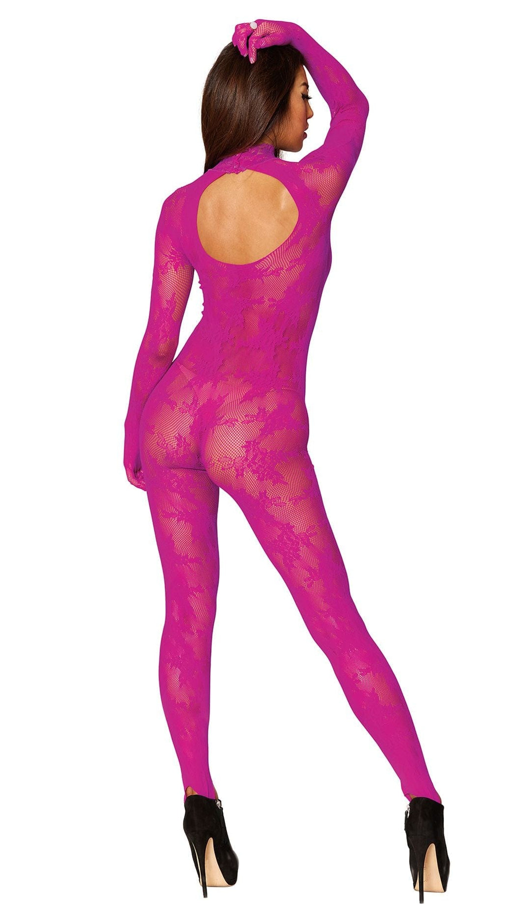 Hot Pink Lace Long Sleeve Bodystocking with Attached Gloves Musotica.com