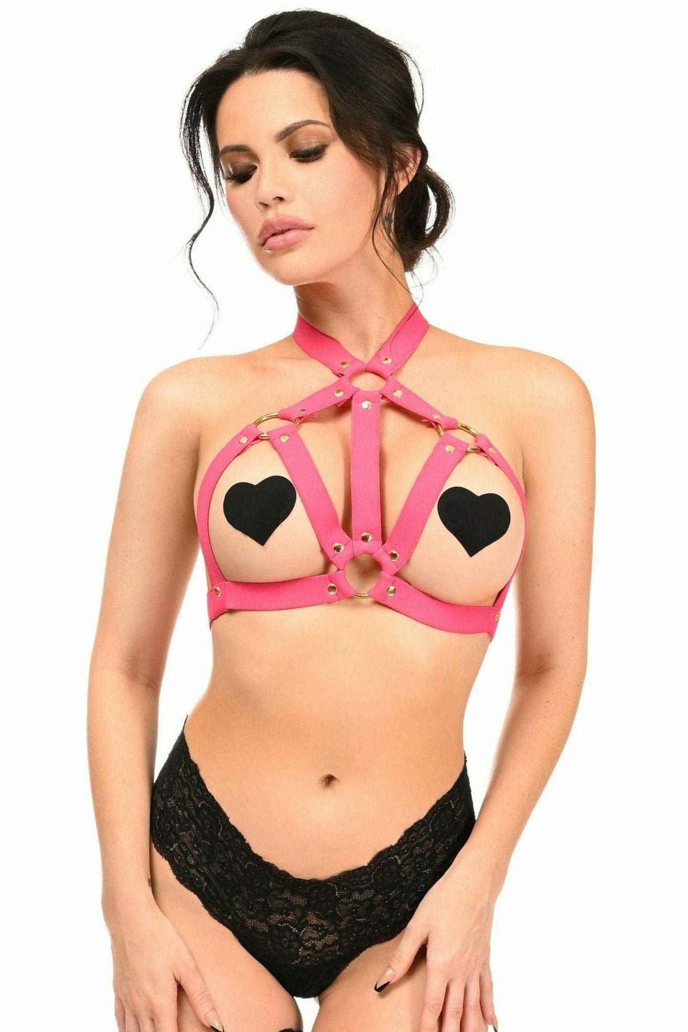 Hot Pink Stretchy Body Harness with Gold Hardware Musotica.com