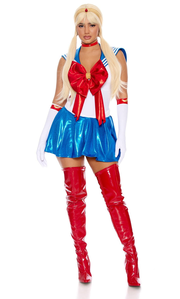 In The Name Of The Moon Sexy Anime Costume featuring a metallic bow, sailor flap collar, pleated skirt, high-heeled boots, gloves, choker, and headband.