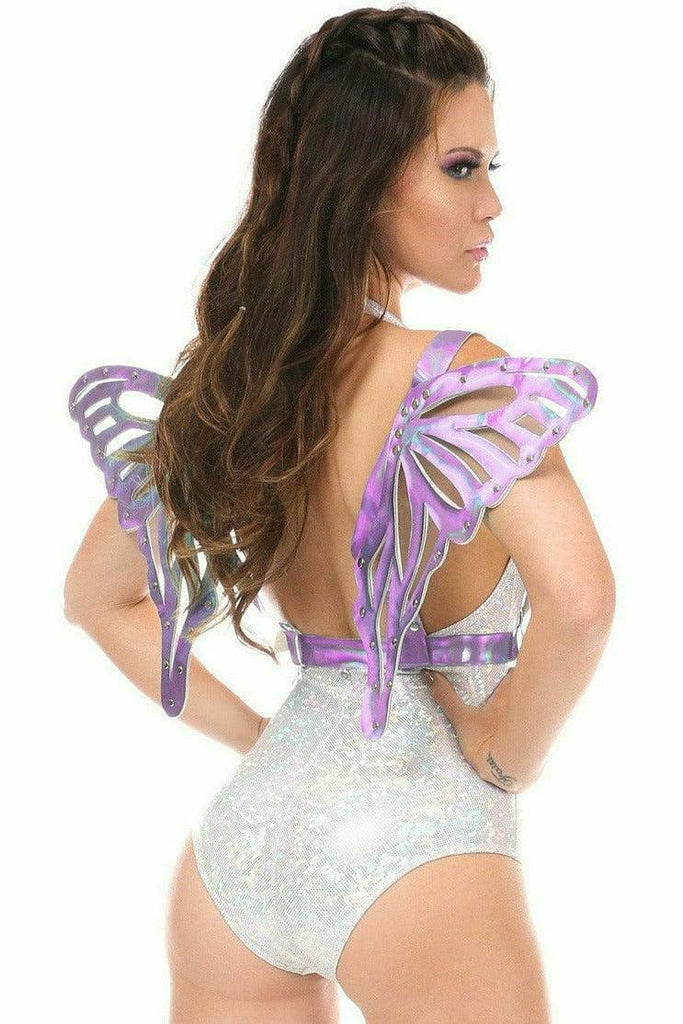 Woman modeling Lavender Hologram Large Butterfly Wing Body Harness with adjustable straps and chrome hardware, highlighting its cosplay and lingerie functionality.