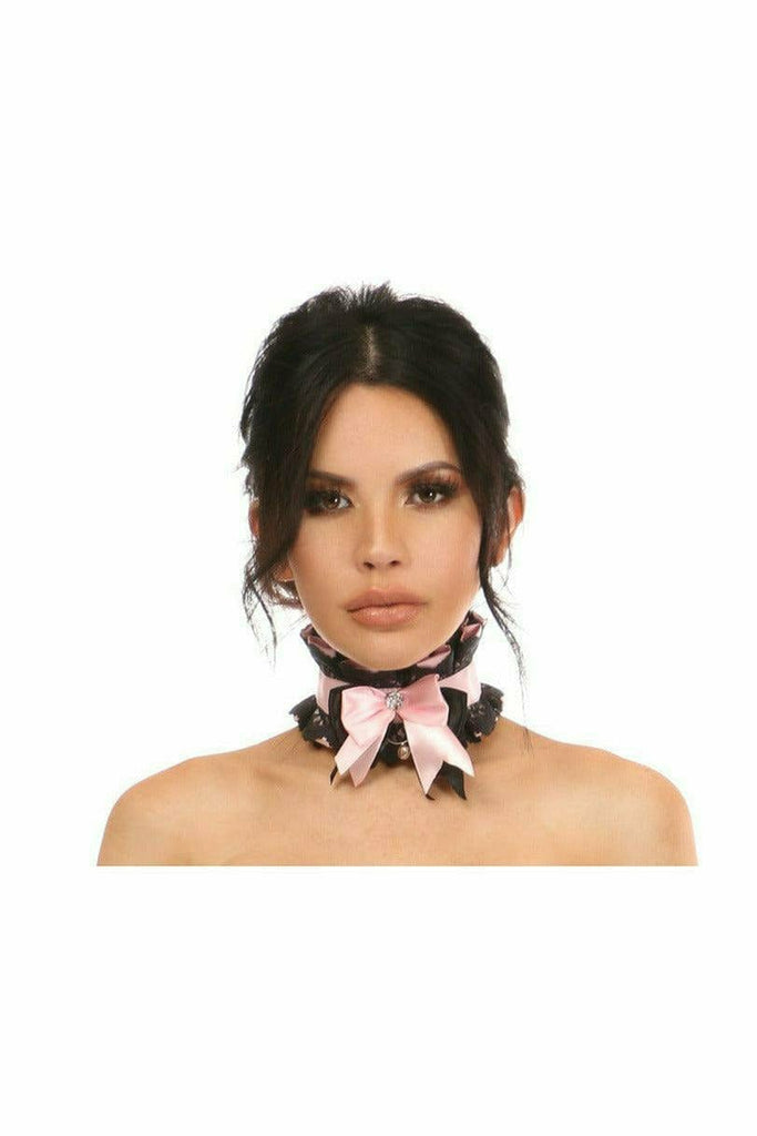 Woman wearing a Light Pink and Black Lace Costume Choker with a ribbon tie, rhinestone embellishment, and classic bell.