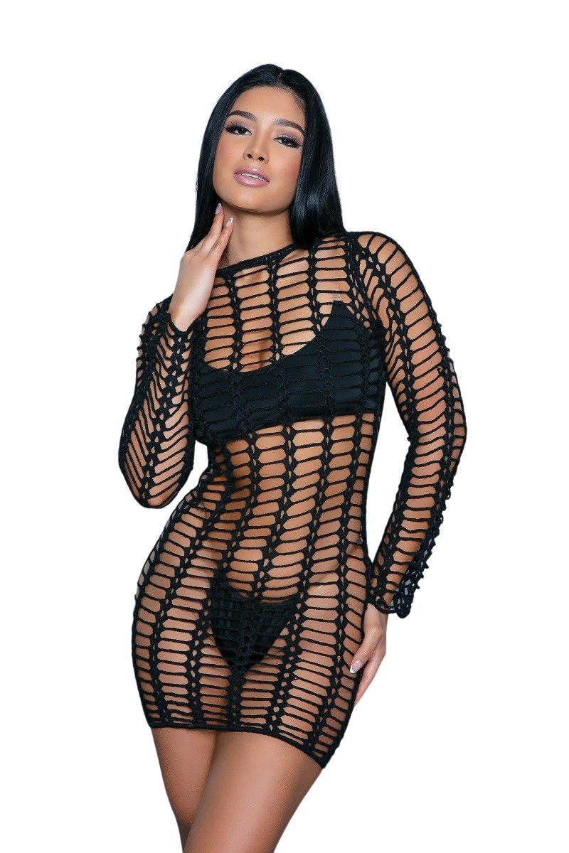 Long Sleeve Fence Net Mini Dress featuring long sleeves, crochet and fence net pattern, with cut-out details, modeled by a woman with long black hair.