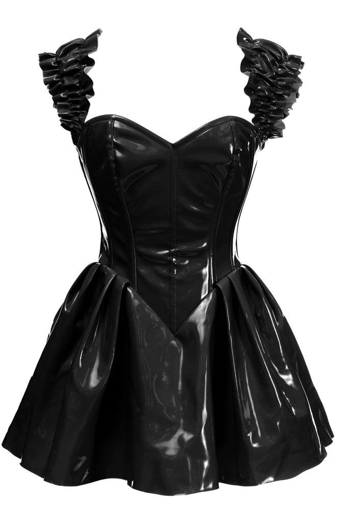 Luxurious Steel-Boned Glossy Black Vinyl Corset Dress with ruffled design, sweetheart neckline, lace-up back, and optional off-the-shoulder sleeves. Ideal for costumes or nights out.
