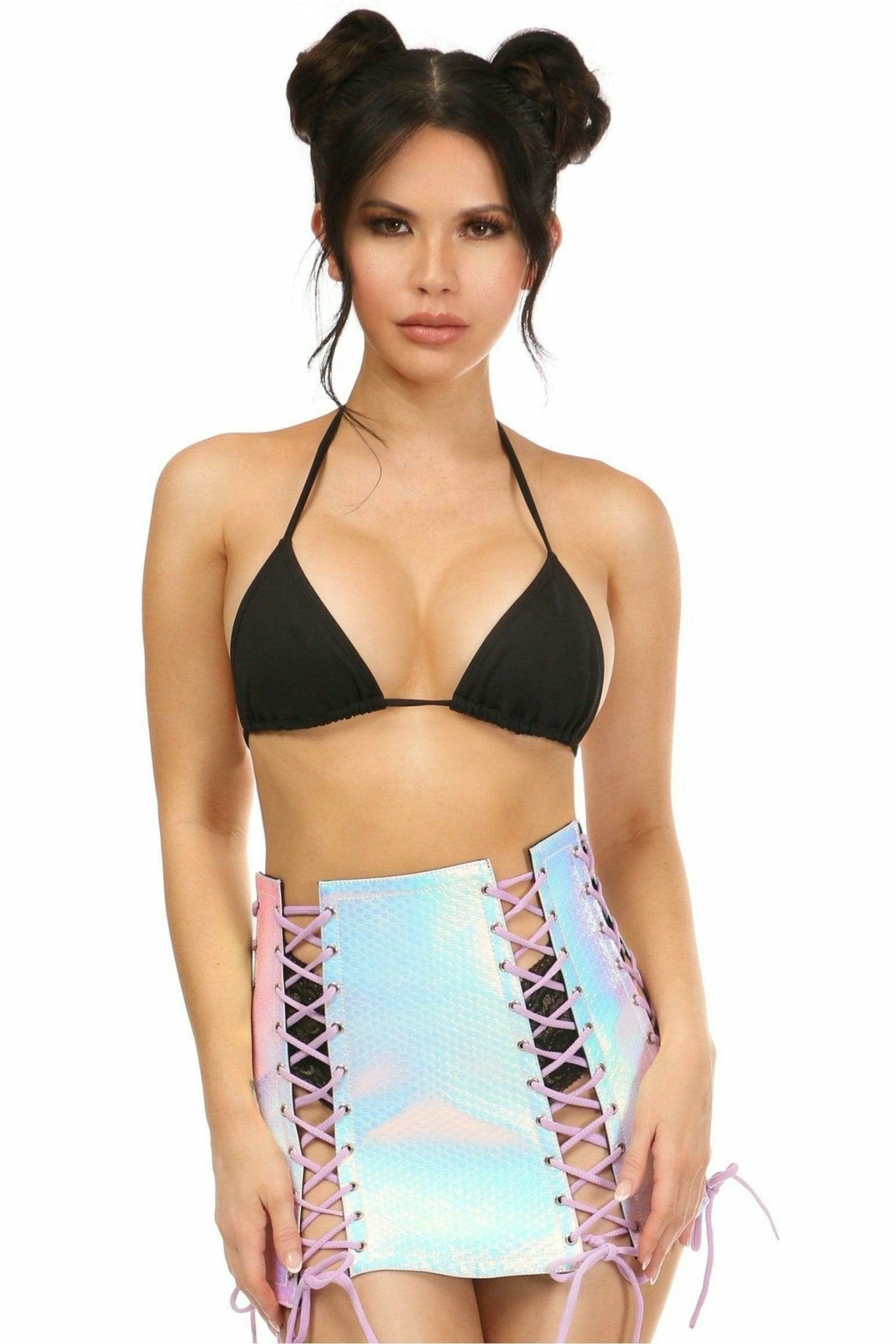 Mermaid Hologram Lace-Up Skirt showcased on a model, featuring a bodycon fit, holographic fabric, and lace-up front, paired with a black top.