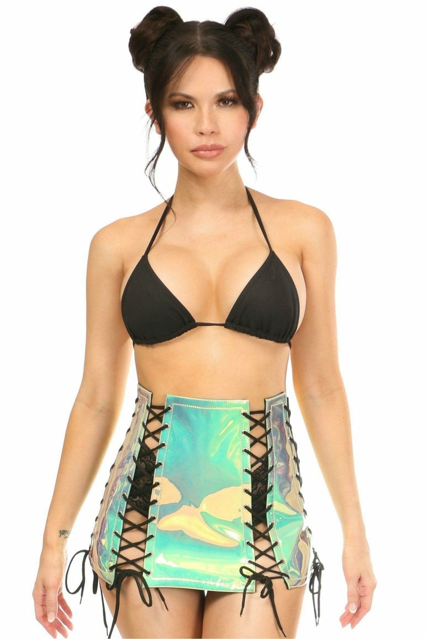 Woman wearing a Mint Hologram Lace-Up Skirt, showcasing its holographic fabric and lace-up front design, paired with a black top.