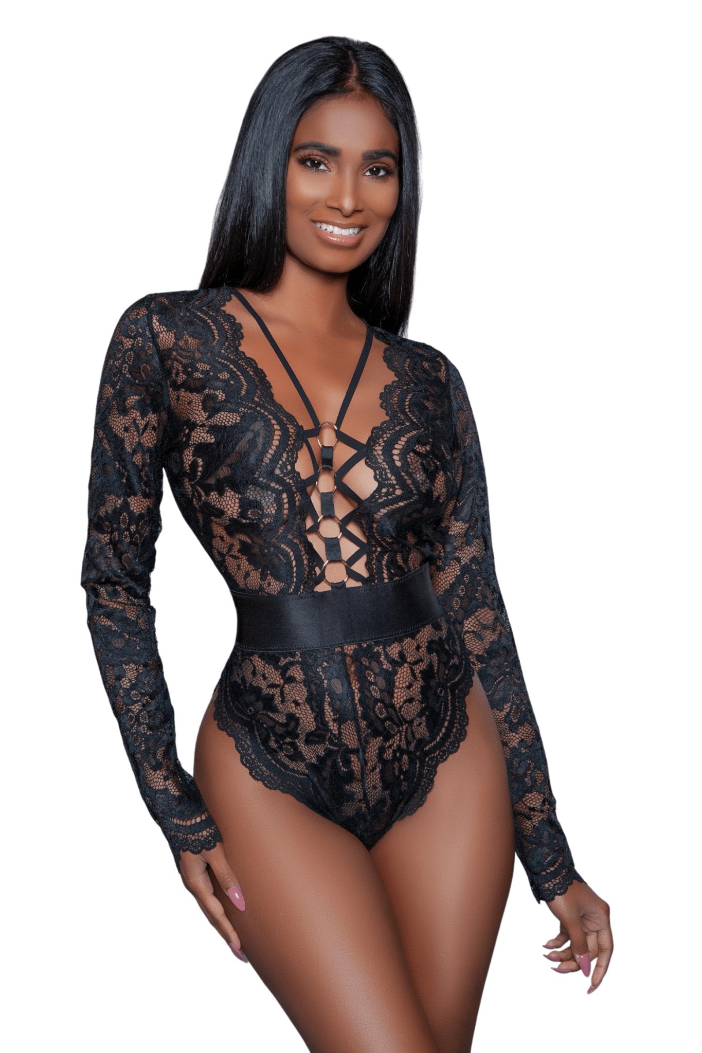 Woman in Night of Seduction Bodysuit with long sleeves, plunging neckline, gold rings on straps, and elasticated waist, highlighting its seductive design.