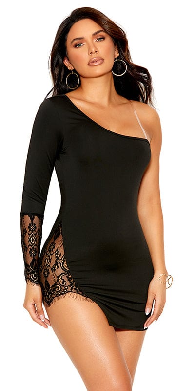 Woman wearing Off Shoulder Lycra and Lace Mini Dress, featuring a one-shoulder design and lace insert, perfect for a sophisticated night out.
