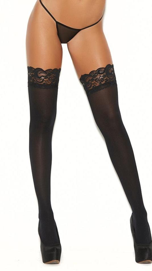 Opaque Thigh Hi with Silicon Top, worn by a woman, featuring a lace top design; complements lingerie, ensuring a secure fit without slipping.