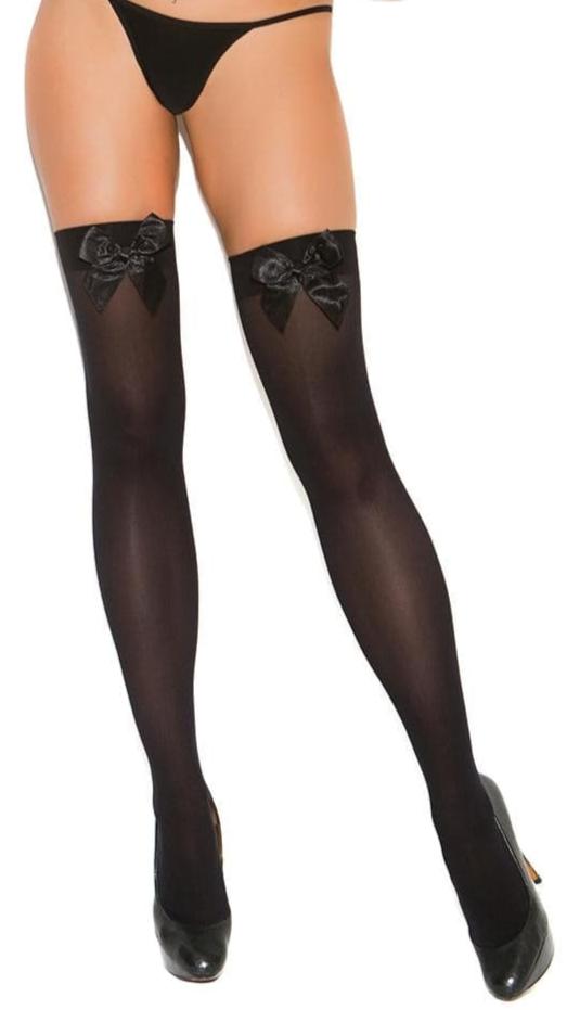 Opaque Thigh Highs with Satin Bow showcased on a model, highlighting the black stockings and elegant satin bow detail, emphasizing fashion and glamour.