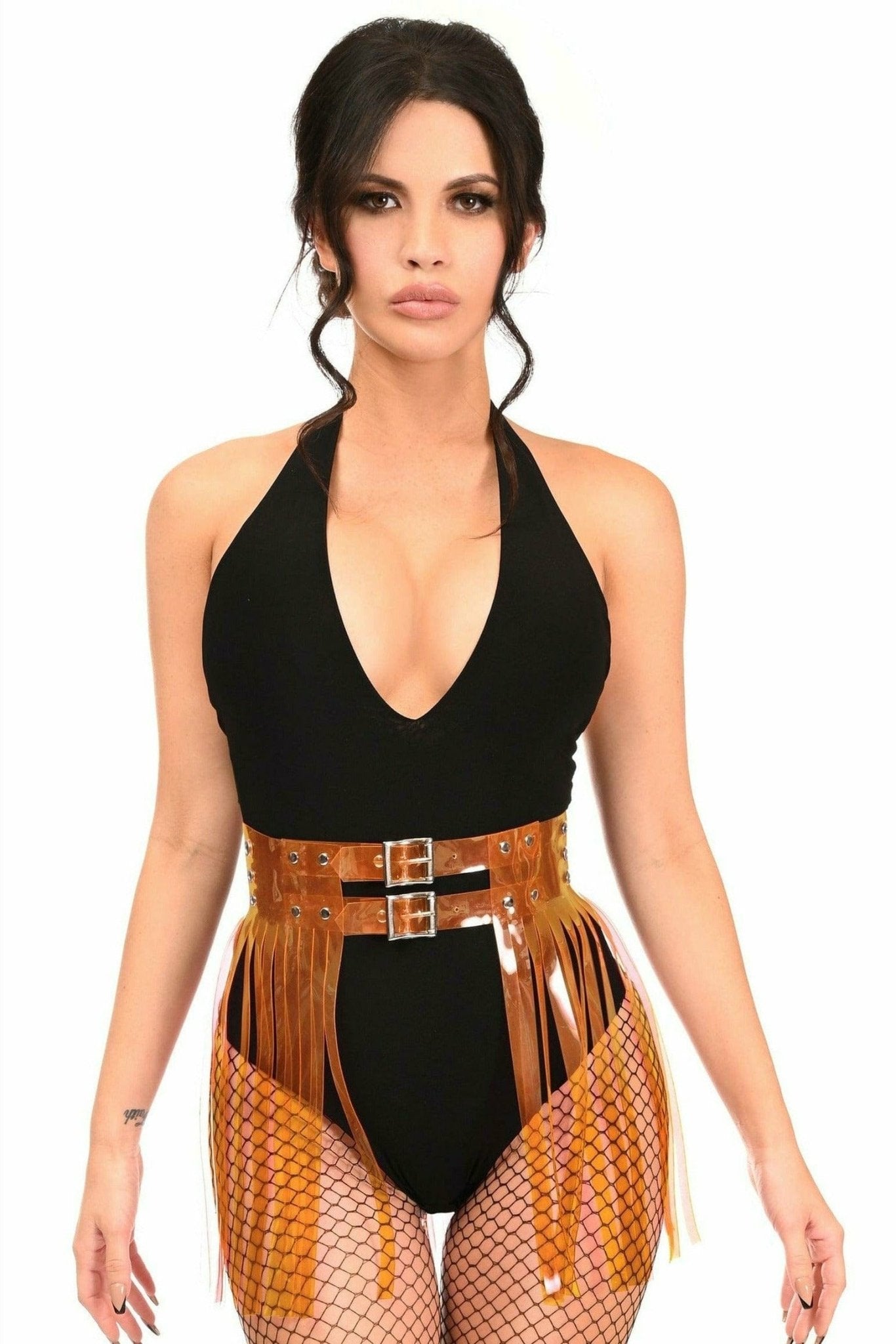 Woman in black dress showcases an Orange Clear Fringe Skirt with chrome buckle and adjustable waist, accessorized with fishnet tights and a belt.