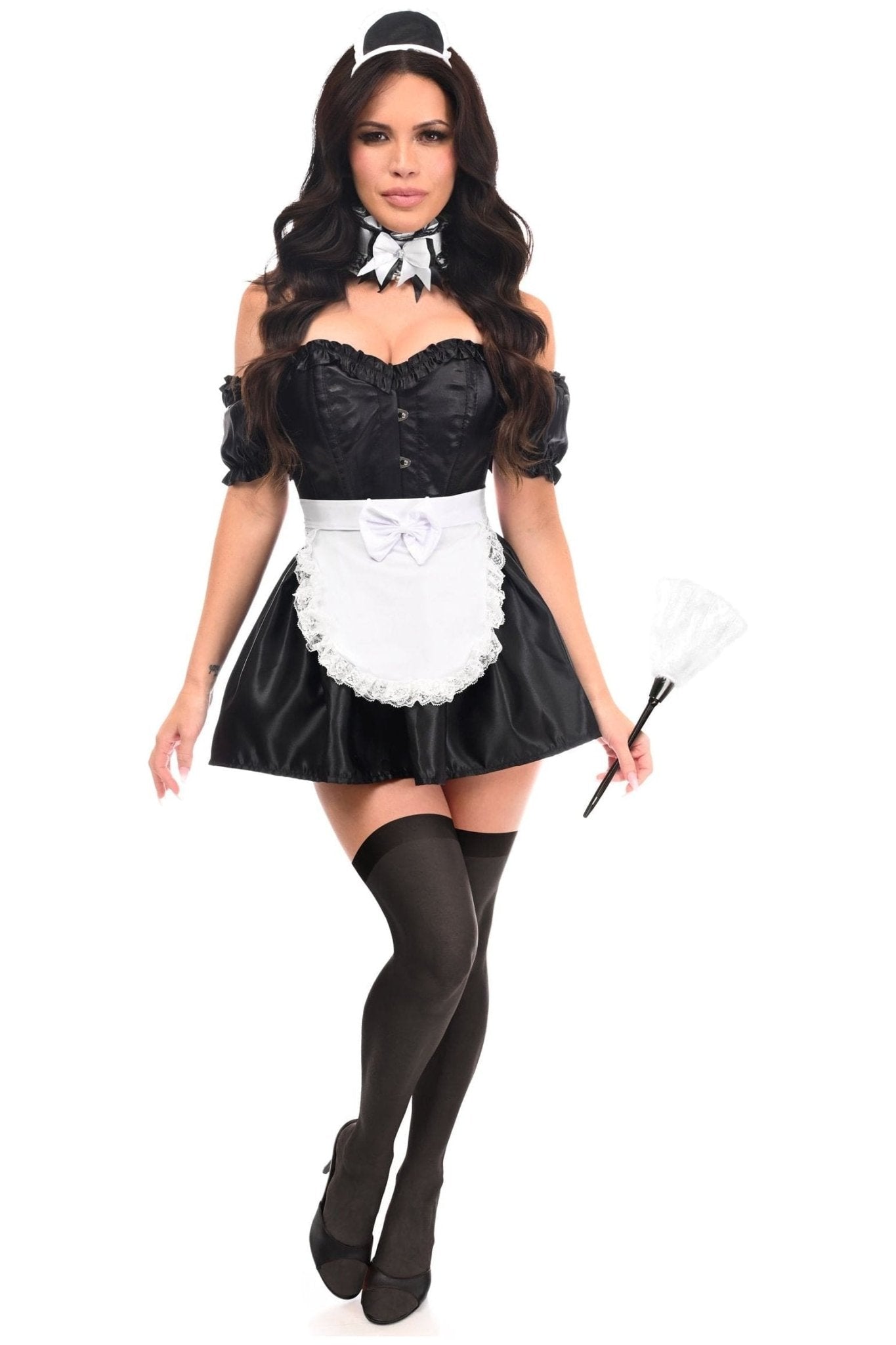 A woman models the Parisian Elegance 6 PC Corset Maid Costume, showcasing its sweetheart neckline and lace-up back, holding a duster accessory.