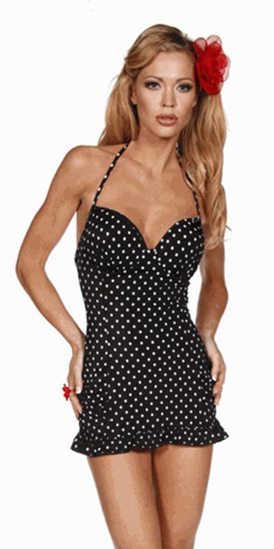 Pin Up Skirted Swimsuit in Black Polkadot Musotica.com