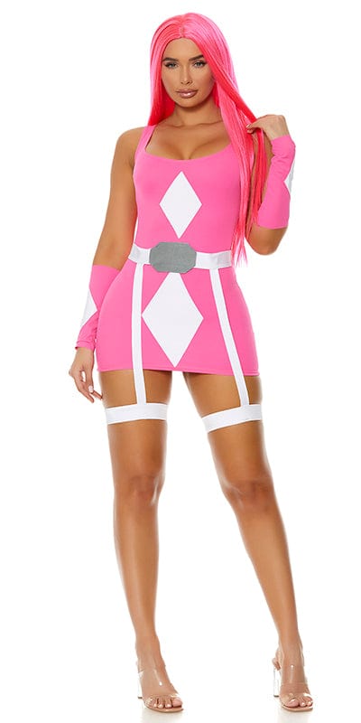 Woman modeling the Pink Ranger Costume, featuring a mini dress with geometric print, garter waist belt, and matching sleeves. Wig not included.