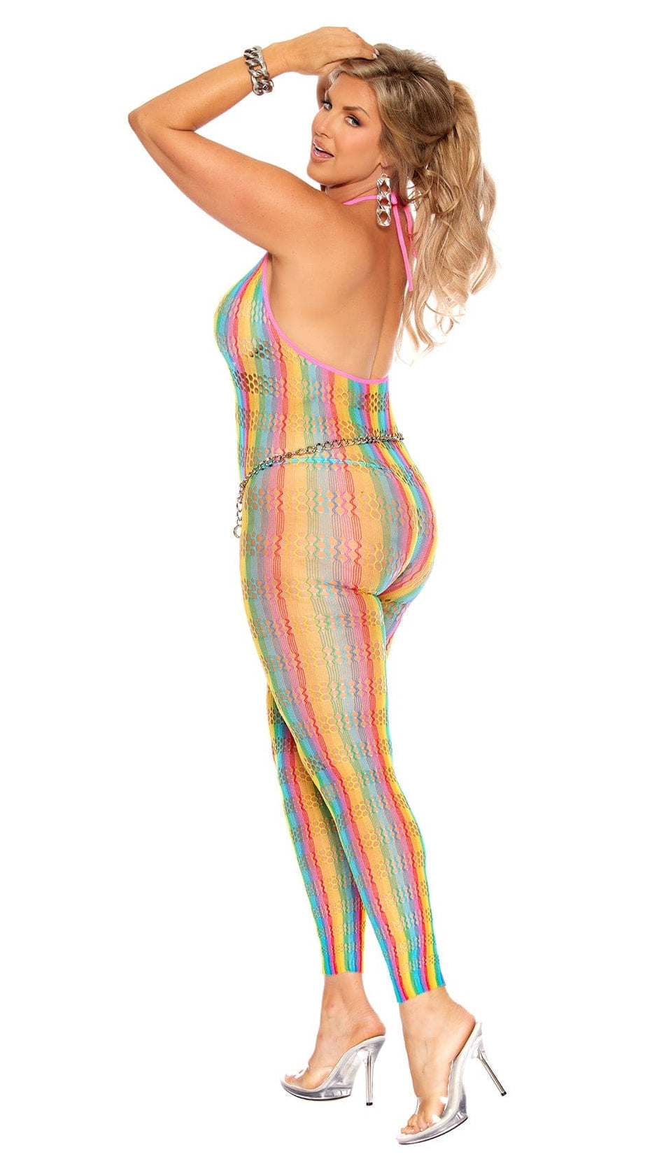 Plus Size Rainbow Crochet Bodystocking with Open Crotch Pattern Musotica.com