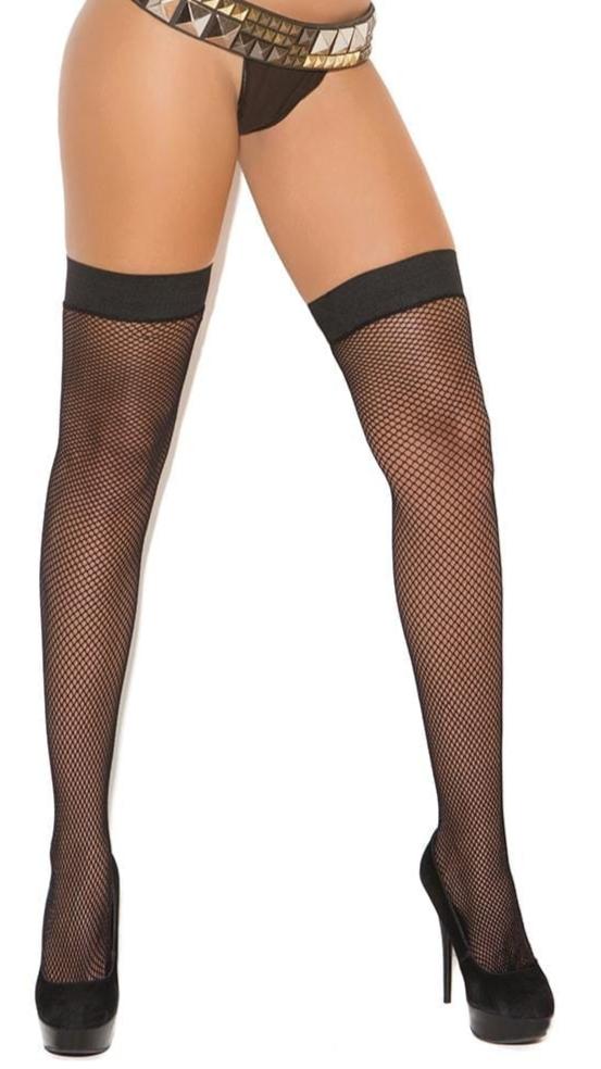 Plus Size Stay Up Fishnet Thigh Highs Stockings with silicone top, shown on a model wearing a leather vest, highlighting their stylish lace detail.