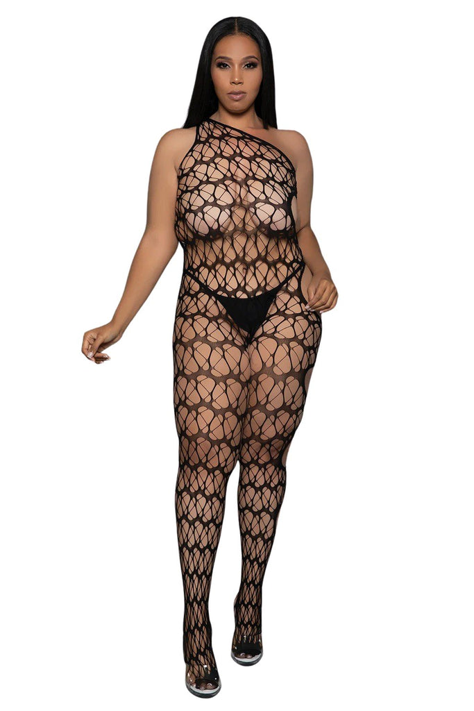 Woman wearing Plus Size Webbed One-Sleeve Bodystocking with fishnet design and side cutouts, showcasing a unique and flattering silhouette.