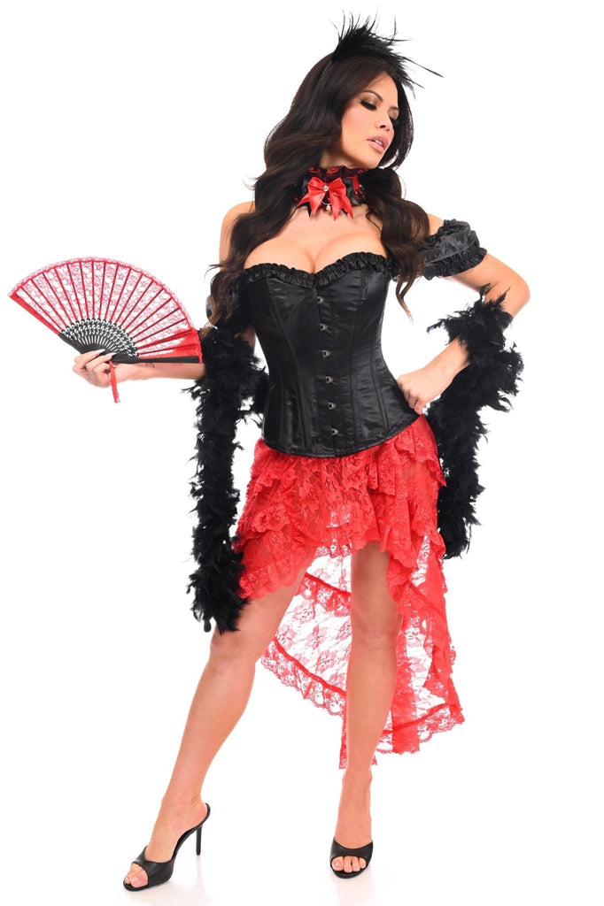 Woman wearing Plush 6 PC Brothel Saloon Babe Costume featuring a corset, lace skirt, and feather boa, holding a lace fan, evoking a Wild West vibe.