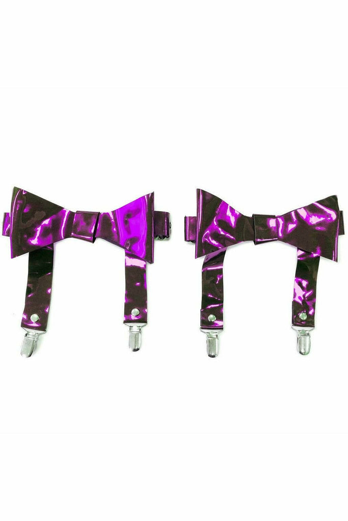 Purple Metallic Garters with elastic back and removable snap-on attachments, designed for a secure fit and added sparkle, ideal for special occasions.