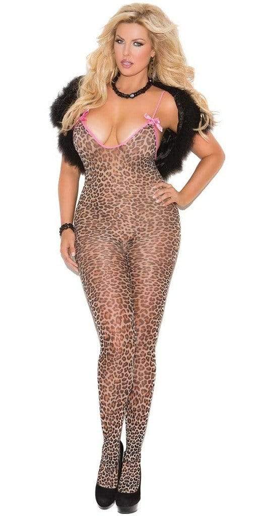 Woman modeling Queen Size Leopard Miranda Open Crotch Bodystocking, featuring leopard print, sheer material, satin bows at straps, and open crotch design.