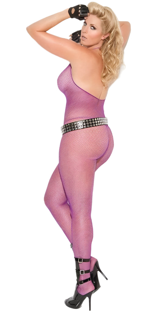 Queen Size Vicenza Fishnet Bodystocking featuring a cowl neck, low cut back, and open crotch design, worn with high heels in a fashion shoot.