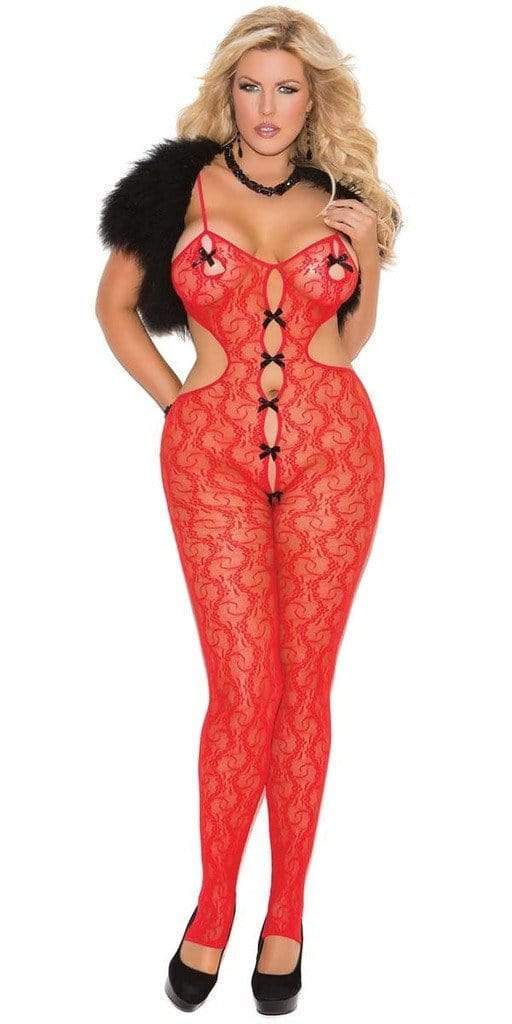 Queen Size Woodstock Bodystocking featuring sheer lace pattern, diamond cutouts, and bow details, modeled by a woman in a red bodysuit.