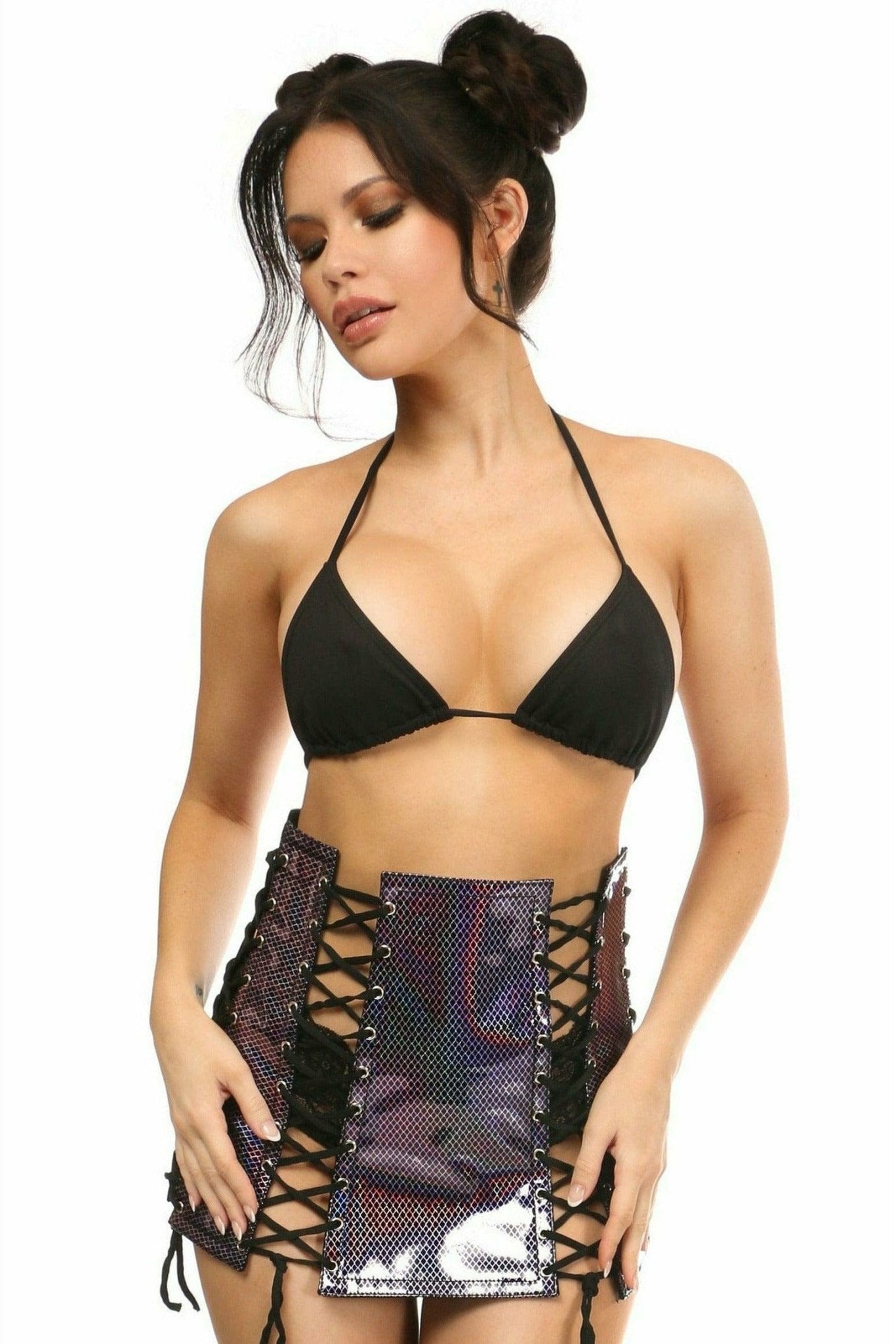 Rainbow Fishnet Pattern PVC Lace-Up Skirt Musotica.com
