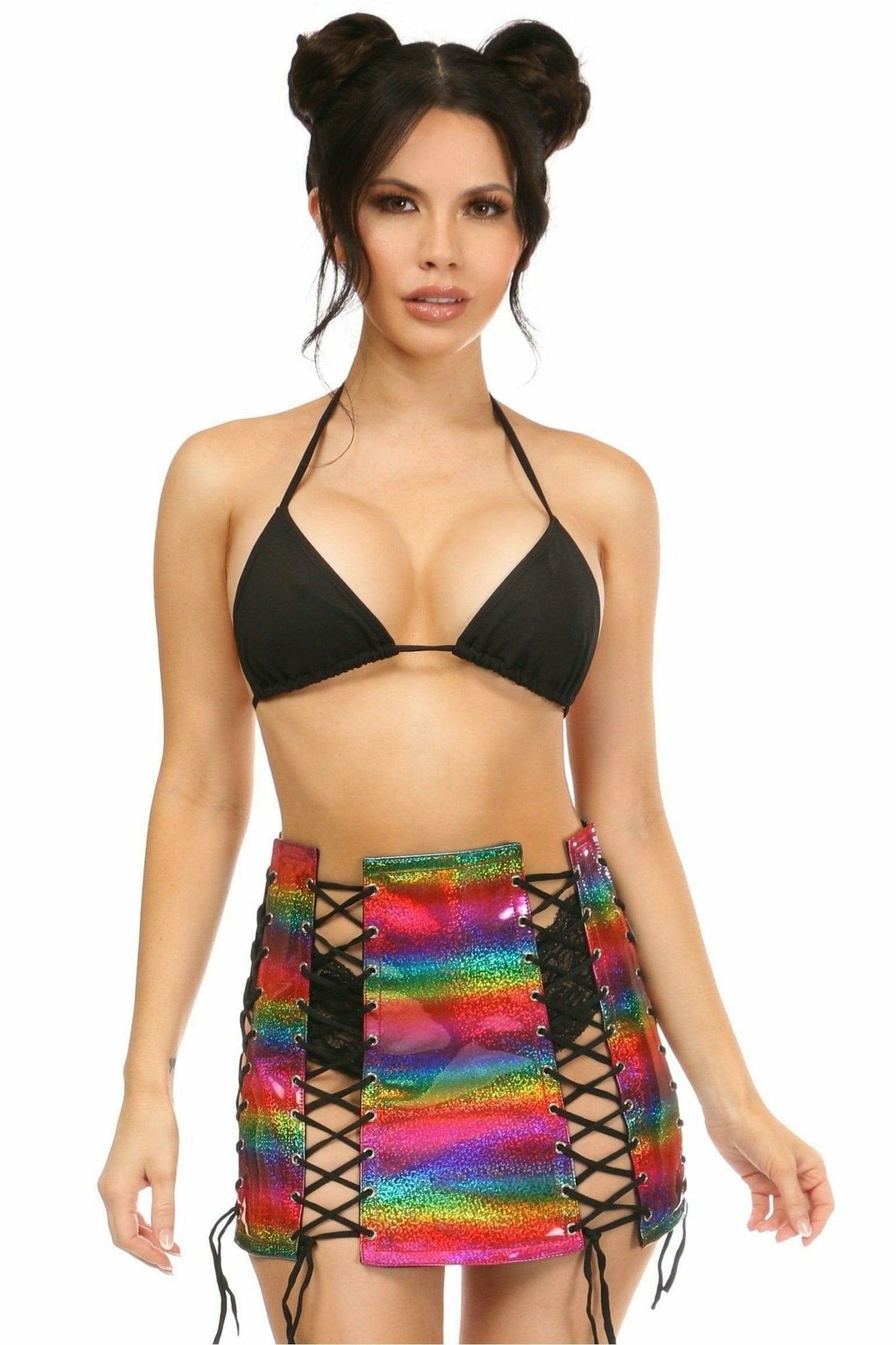 Woman modeling the Rainbow Glitter PVC Lace-Up Skirt, showcasing its bodycon fit, lace-up front, and back zipper for a standout party look.