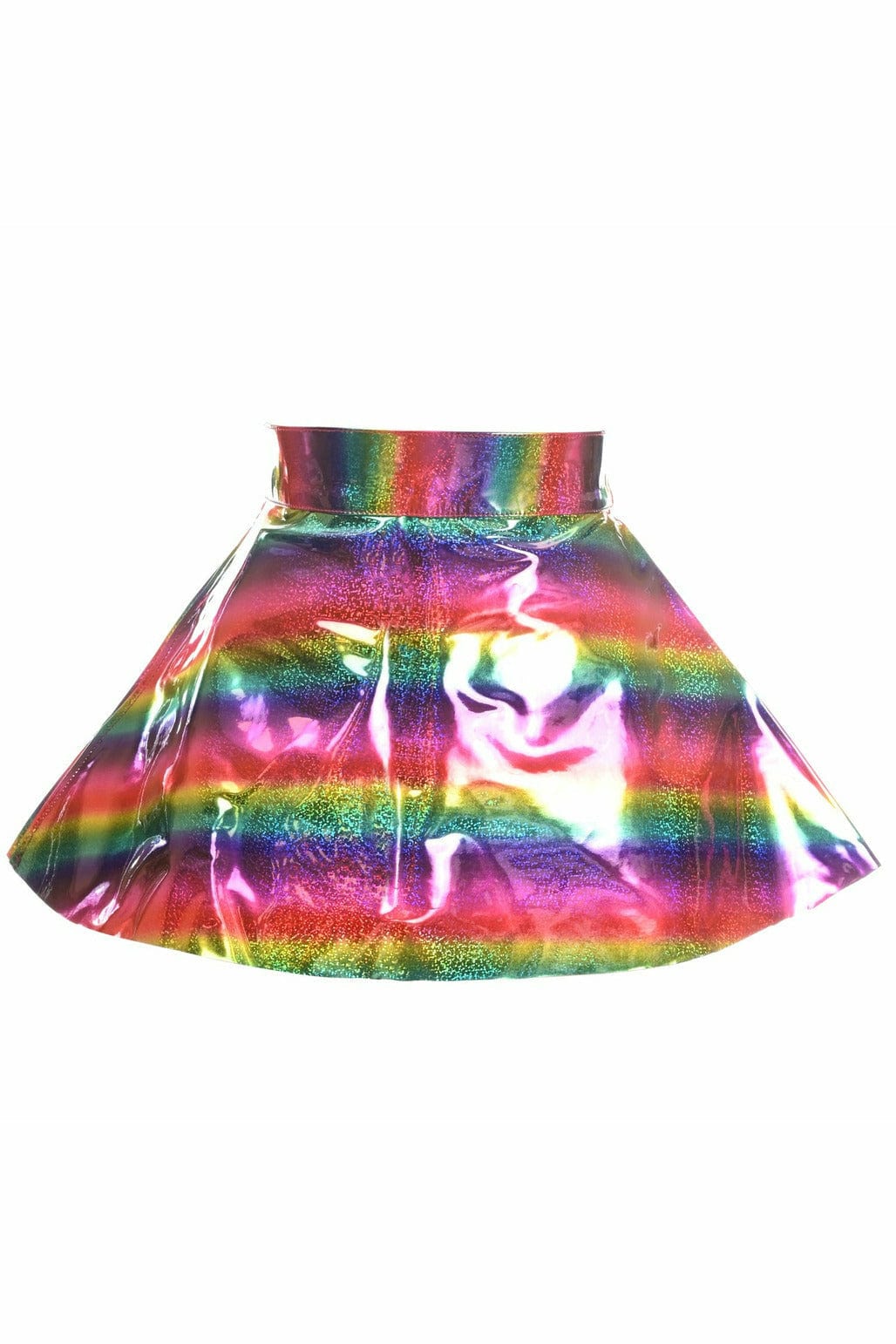 Rainbow Glitter PVC Skater Skirt with snap waistband and zipper closure, featuring a holographic shine, perfect for stylish clubwear or lingerie.