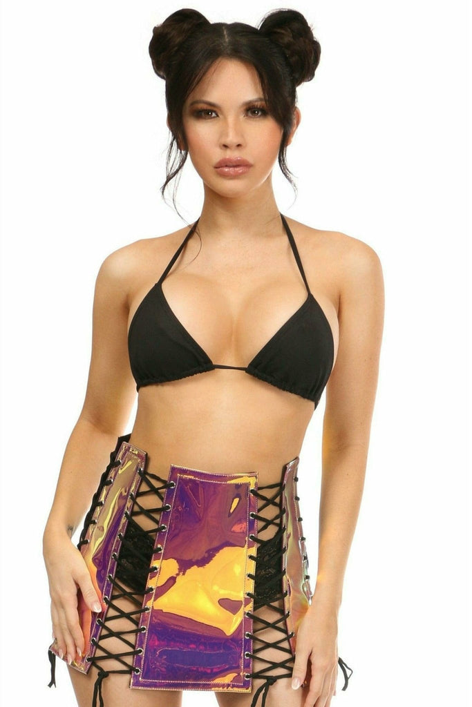 Woman wearing the Rainbow Gold Hologram Lace-Up Skirt with a sexy back zipper, showcasing its bodycon fit and eye-catching design.