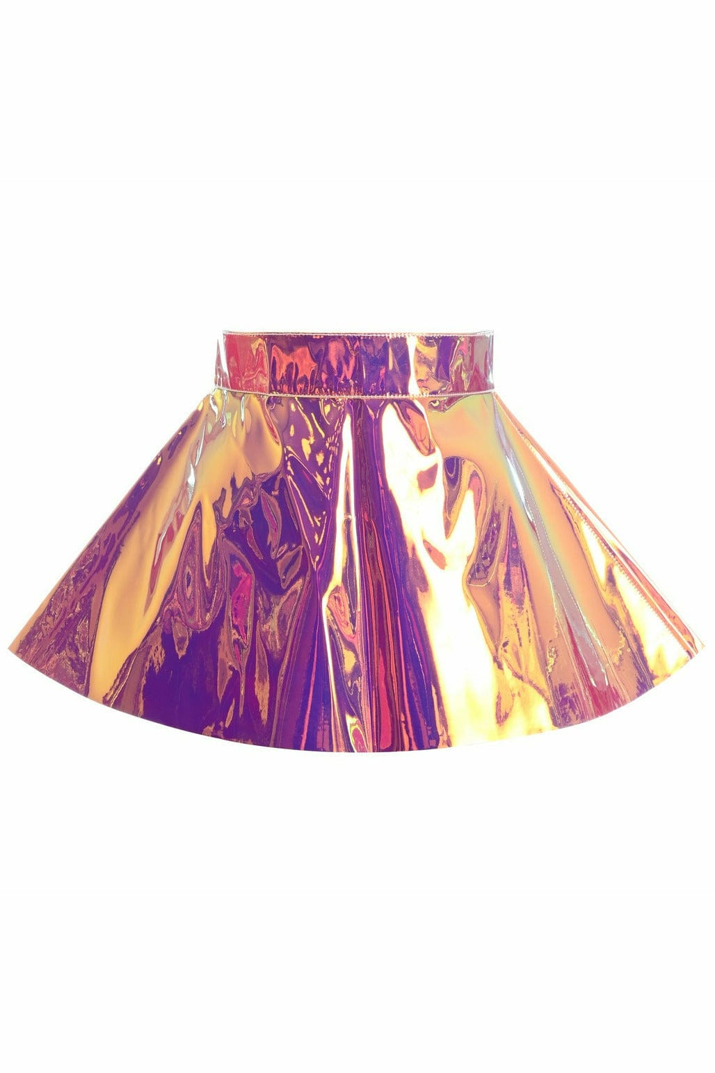 Rainbow Gold Hologram Skater Skirt with shiny pink and purple hues, featuring glimmering gold accents and a snap closure at the back waistband. Perfect for clubwear.