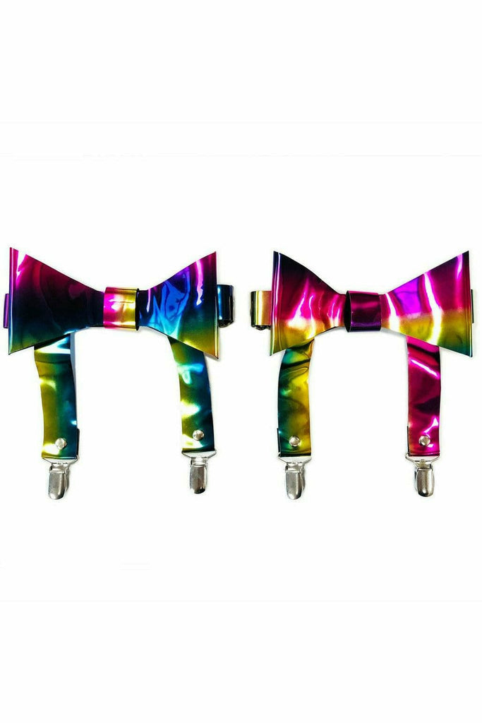 Rainbow Hologram Garters with elastic back and removable snap-on attachments, featured alongside rainbow suspenders and bow ties for a colorful festival look.