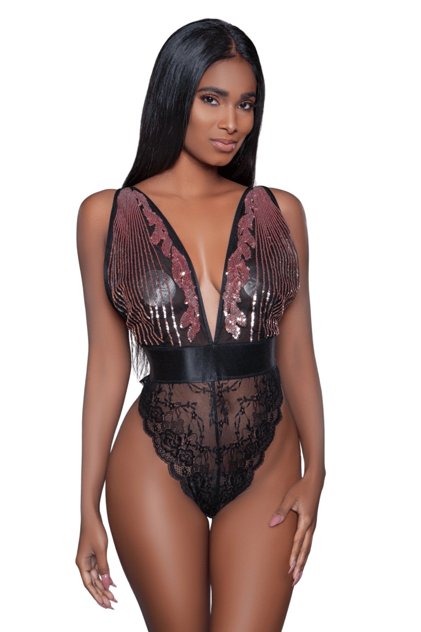 Raspberry Sequin Teddy Jumpsuit features a plunging sheer neckline and cut-out lace bottoms, modeled by a woman with long black hair.