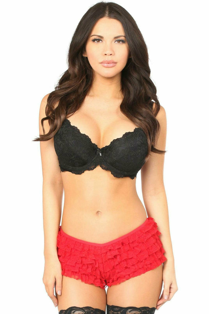 Woman modeling Red Lace Ruffle Panty, featuring ruffle details and an elastic waistband for a comfortable fit, ideal for lingerie or costume pairing.
