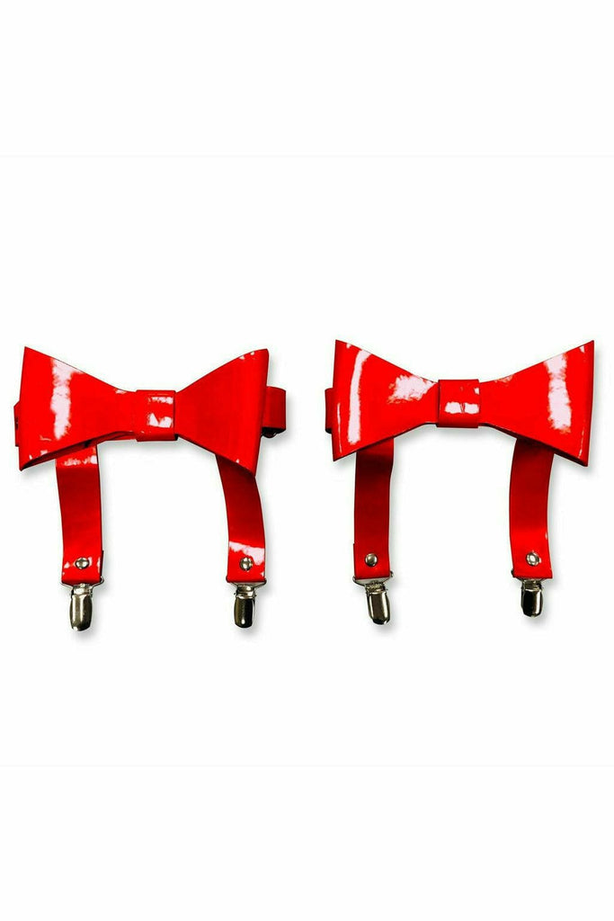 Red Patent Garters with snap-on attachments, designed to keep everything in place. Perfect for pairing with skirts or gowns for a chic, secure look.