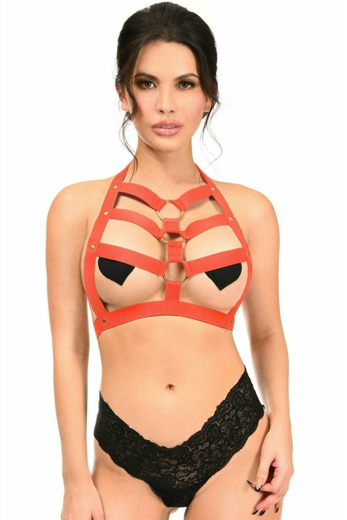 Red Stretchy Body Harness with Gold Hardware Musotica.com