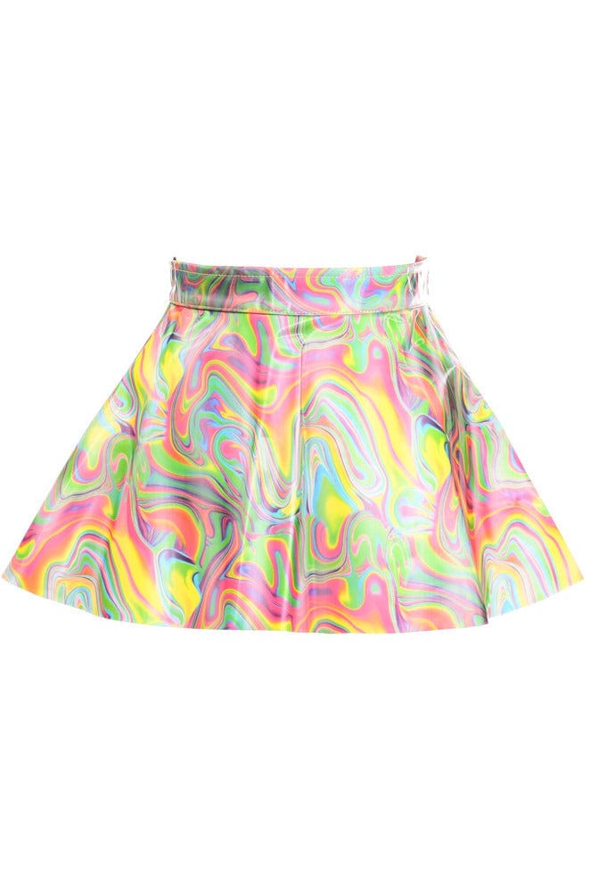 Retro Swirl Skirt featuring a vintage swirl pattern, complete with a belt and zipper back closure, ideal for festival or lingerie styling.
