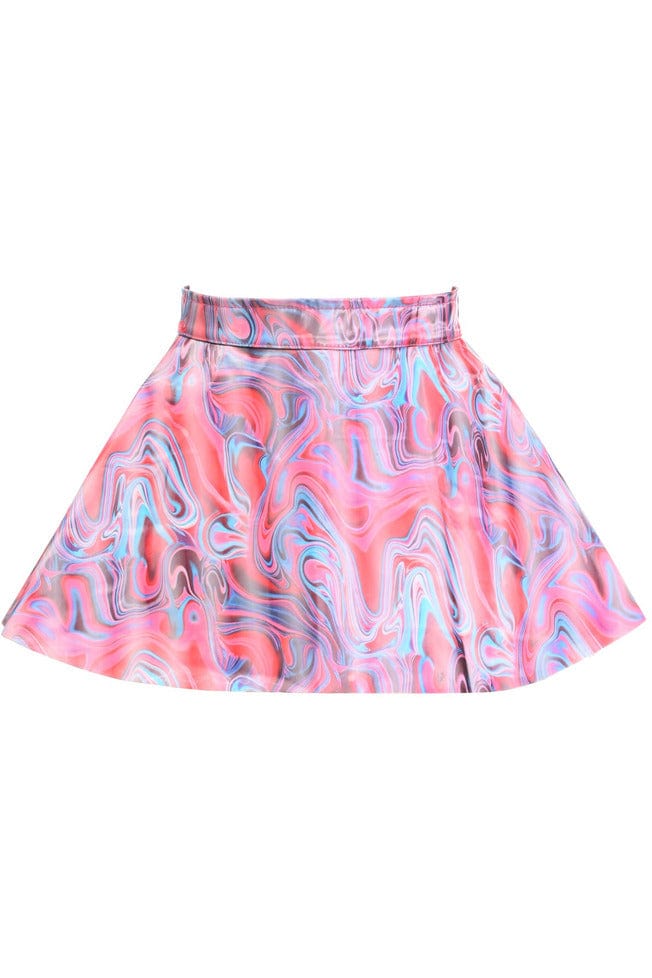 Retro Swirl Skirt with holographic fabric, featuring a swirl pattern and zipper back closure, ideal for clubbing or lingerie fashion.