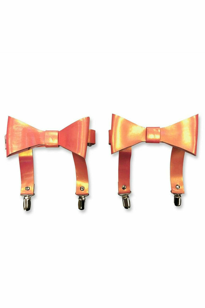 Rose Gold Garters with elastic back and removable snap-on garter attachment, displayed alongside orange bow ties and suspenders, highlighting versatility and elegance.