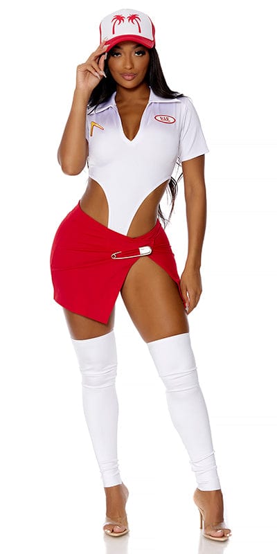 Serving Hot Fast Food Employee Halloween Costume featuring a woman in a white bodysuit with patches, red faux wrap skirt, and accessories like a safety pin and trucker hat.