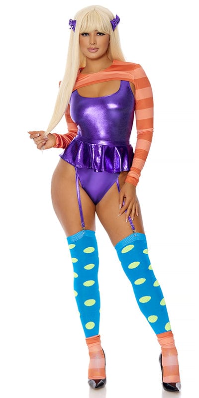 A woman modeling the Sexy 90s Cartoon Character Halloween Costume, featuring a metallic bodysuit, peplum skirt, striped bolero, and polka dot socks.