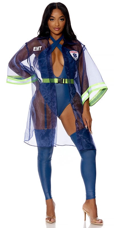 Woman wearing the Sexy 911, What's Your Emergency? EMT Halloween Costume, featuring a vinyl crisscross bodysuit, sheer jacket, and belt.