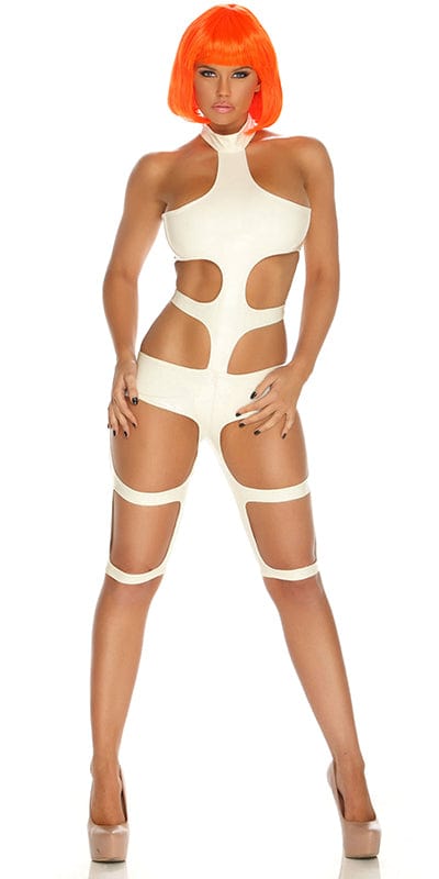 Woman wearing Sexy Aether Leeloo Costume, a white metallic bodysuit with cut-out accents, inspired by a movie character. Orange hair visible; wig not included.