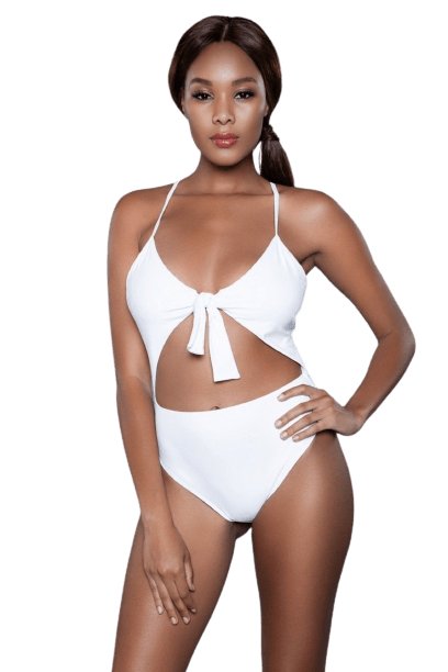 Sexy Amber Tie Front Cut Out Swimsuit featuring a tie front, midsection cut out, and tanga reverse, modeled by a woman showcasing its fashionable design.