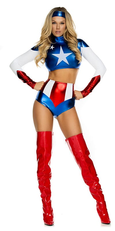 Woman dressed in Sexy America's Sweetheart Superhero Costume, featuring a long-sleeved crop top and high-waisted shorts, embodying a superhero theme.