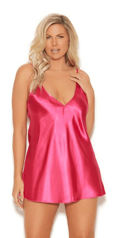 Plus Size Charmeuse Deep V Plunge Chemise, modeled by a woman, showcasing a deep V neckline and adjustable straps for a flattering silhouette.