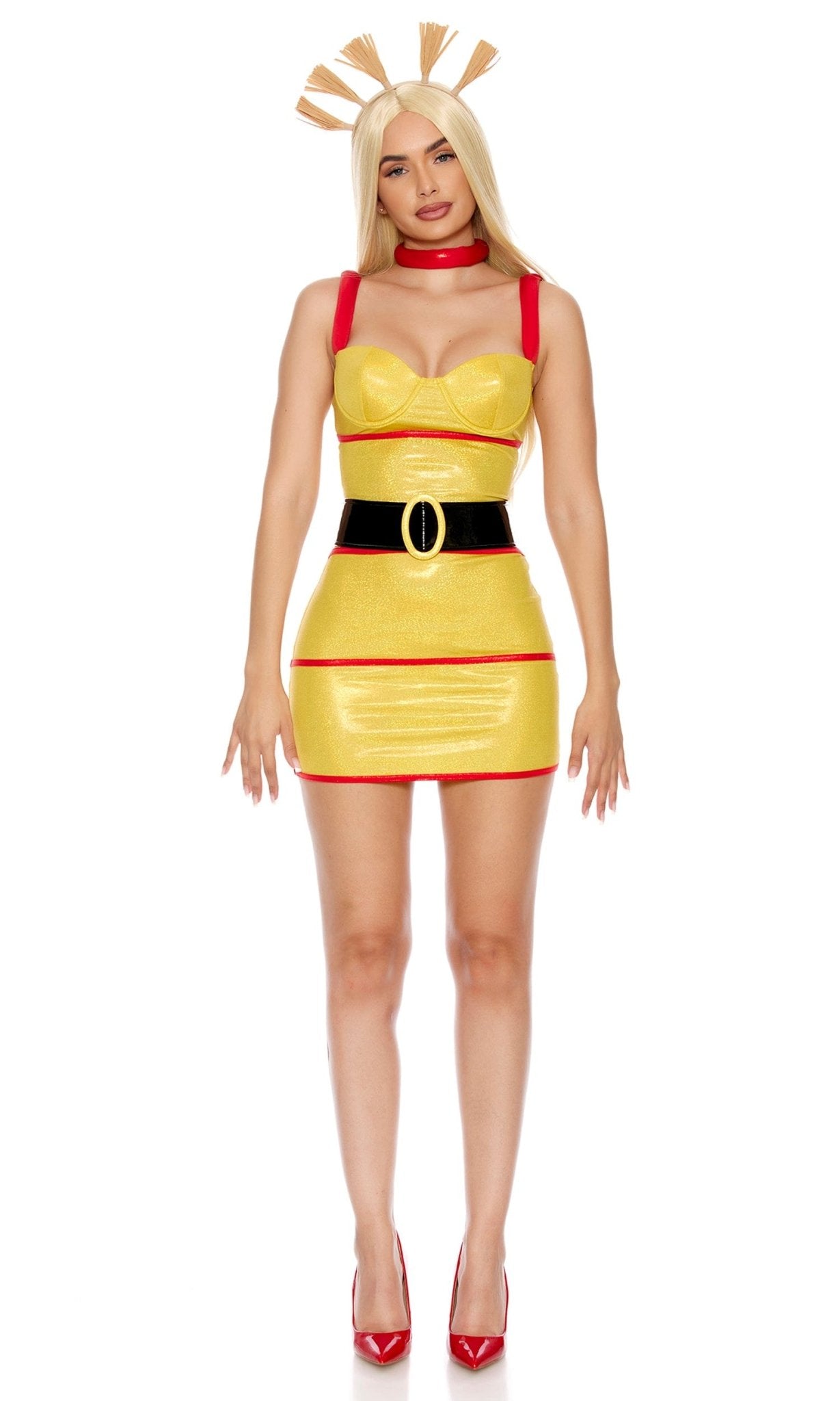 Woman in Sexy Angelica's Doll Cosplay Costume, featuring a striped dress with underwire cups, padded straps, choker, belt, and straw headband.