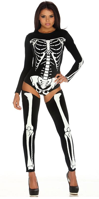 Woman wearing the Sexy Bad Bones Skeleton Halloween Costume, featuring a black and silver metallic skeleton print bodysuit with matching thigh-highs and high heels.