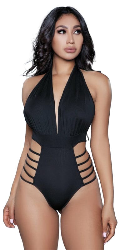 Sexy Bea Deep Plunge Halterneck Strappy Swimsuit featuring deep v-neckline, dramatic strappy sides, and open back modeled by a woman.